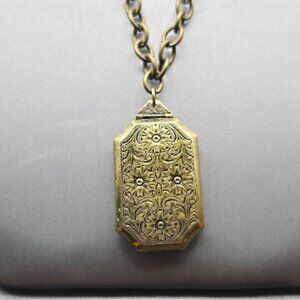 VTG Victorian Revival Perfume Locket Necklace 31" Floral Antique Gold Tone 80s